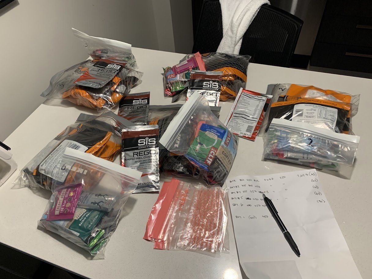 Daily food bags being packed into ziplocks alongside a hand-written calorie spreadsheet