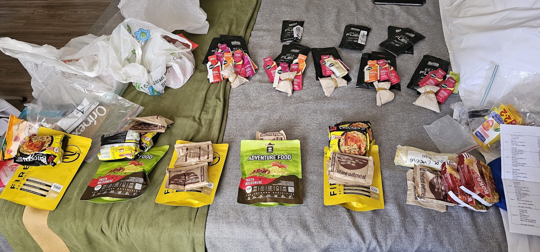 Nutrition for 7 days laid out: gels, dehydrated meals, oats, hand-written daily plan